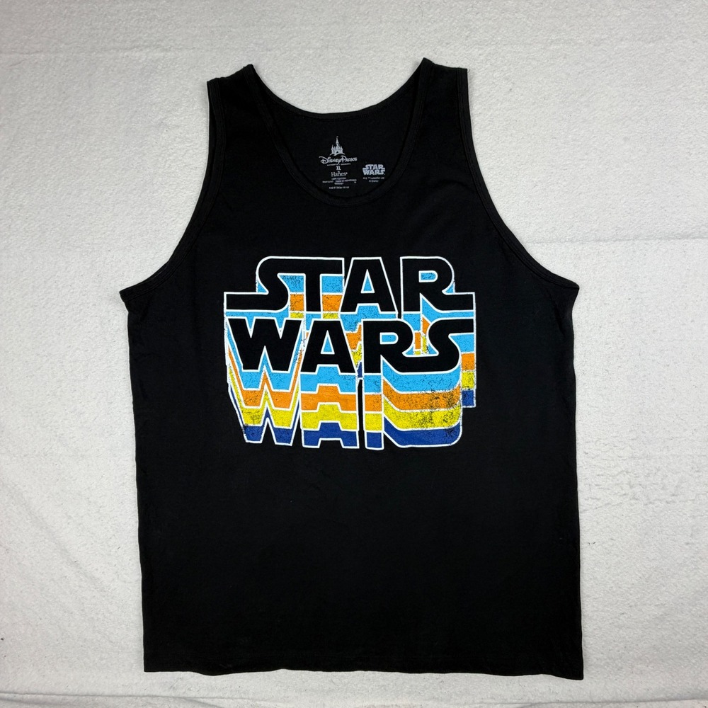 Disney Parks Star Wars Tank Top Mens XL Black Retro Rainbow Logo Hanes Cotton